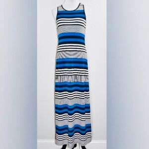 Vintage Y2K racerback knit blue black white sleeveless bodycon maxi dress 10 EUC